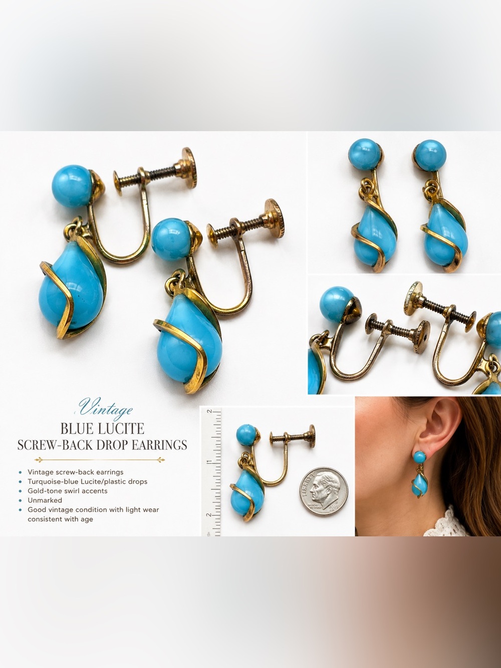 Turquoise Blue Lucite Drop Earrings with Gold Swirl - Vintage Screwback